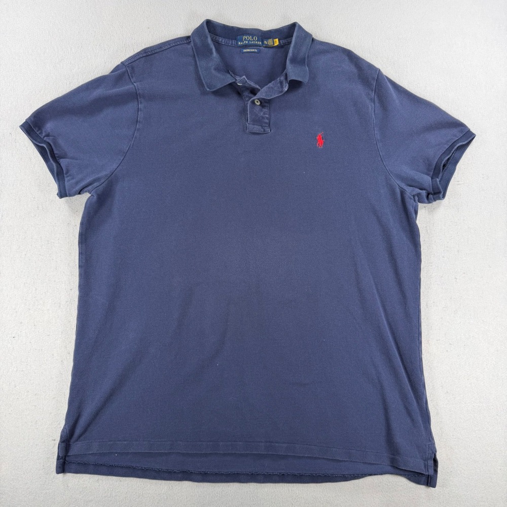 Polo Ralph Lauren Mens XXL Custom Slim Fit Polo Shirt Navy Blue Red Pony Logo